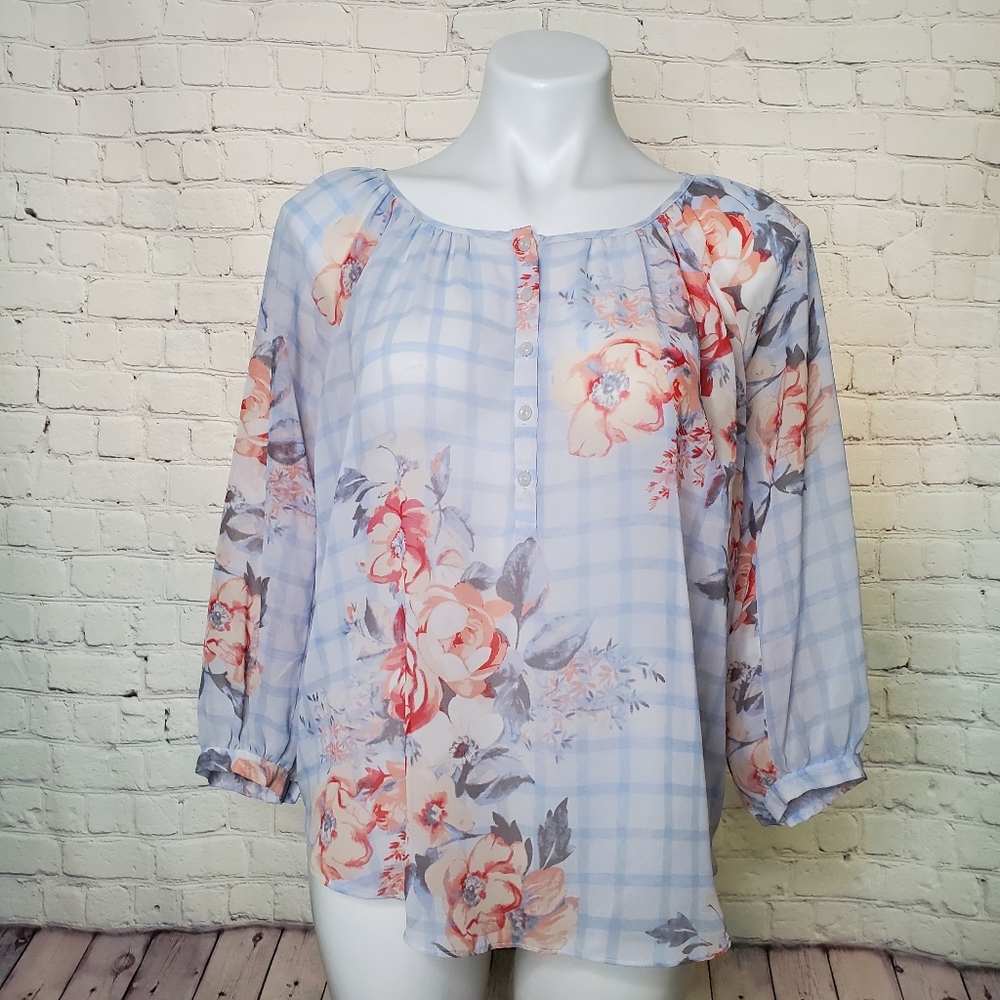 LC Lauren Conrad Sheer Floral Light Blue Plaid Peasant Top Size S